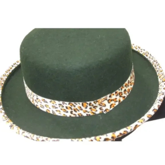 NEW WOMAN'S GREEN FELT HAT WITH LEOPARD SASH AND TRIM - Picture 2 of 3
